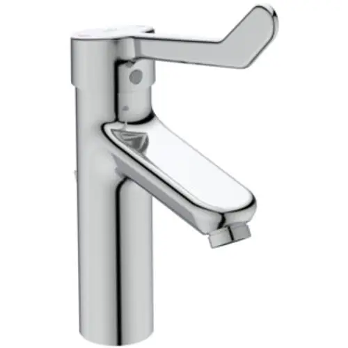 Ein chromfarbener Wasserhahn mit einem seitlichen Hebel, hergestellt von Ideal Standard, zur regulären Verwendung in Umgebungen wie Badezimmern oder Kliniken.